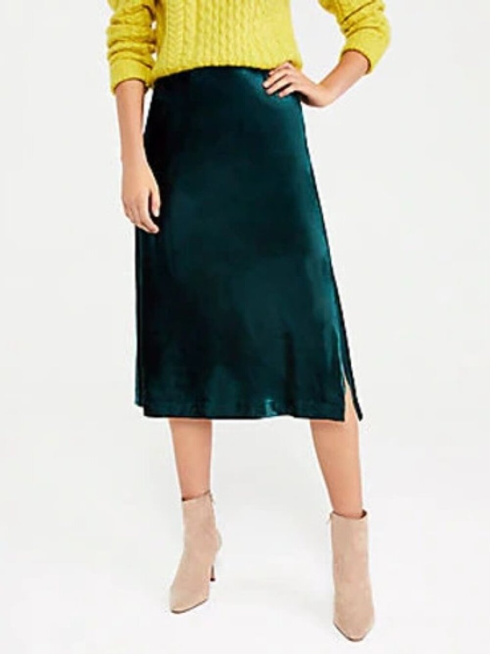 Ann Taylor Petite Velvet Bias Midi Skirt XS Deep Emerald Teal Pull-On Slit NWT